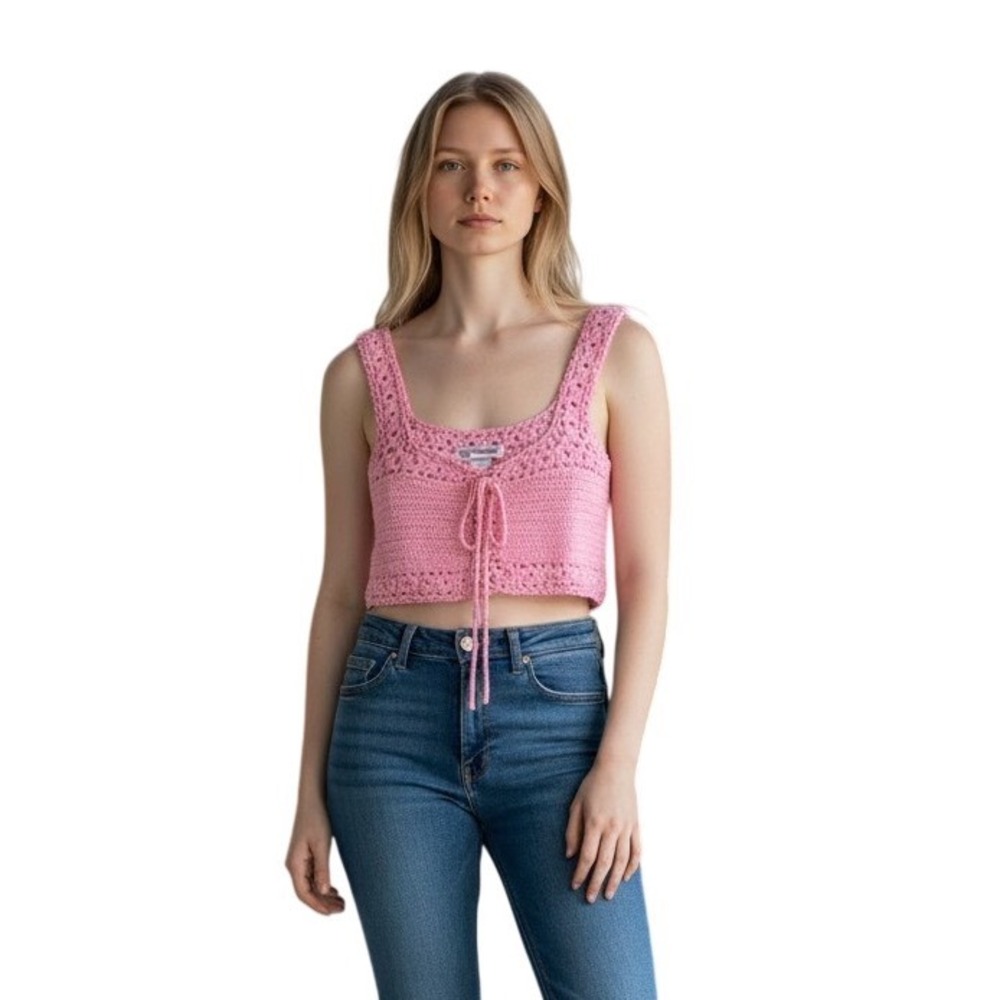 Cotton World Pink Crochet Crop Top Square Neck Front Tie Knit Festival Cami